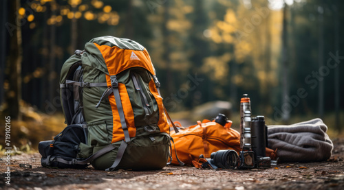 Camping backpack, elements and equipment in a forest lawn © Ruslan Gilmanshin