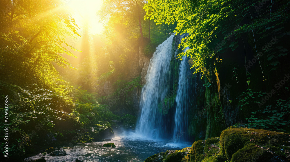 A majestic waterfall in the middle of a serene forest with brilliant sunlight creates a mystical aura A majestic waterfall in the middle of a serene forest with brilliant sunlight creates a mystical aura