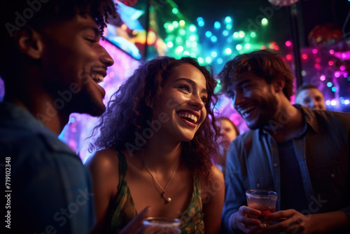 Portrait of cheerful girl with drink at party on background of her friends