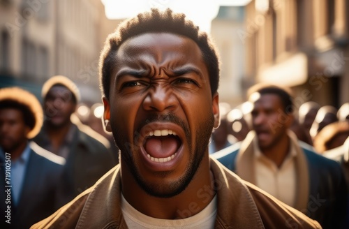 angry black man screaming on street, closeup. activist protesting against rights violation.