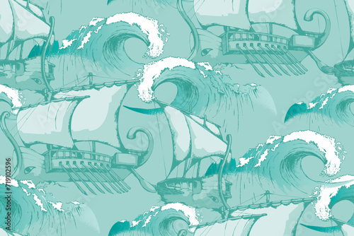 Seamless pattern. Ancient Greek ships and waves. In style Toile de Jou. Suitable for fabric, mural, wallpapers, wrapping paper and the like photo