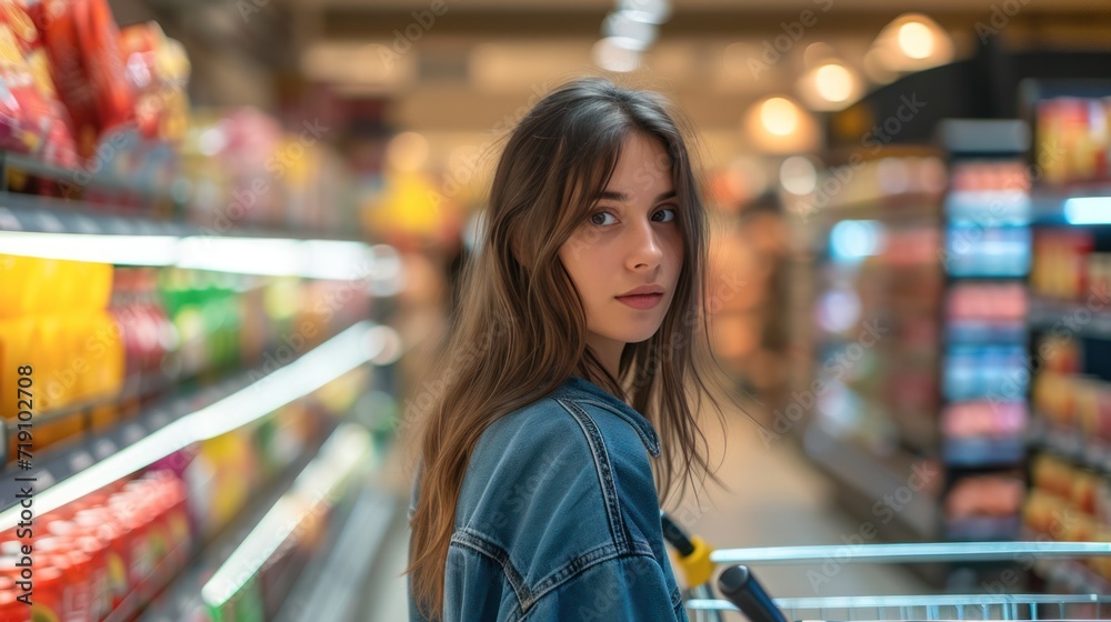 Beautiful woman and shopping cart in supermarket