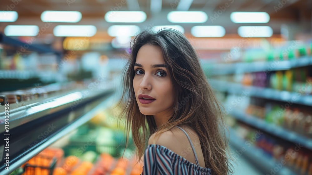 Beautiful woman and shopping cart in supermarket