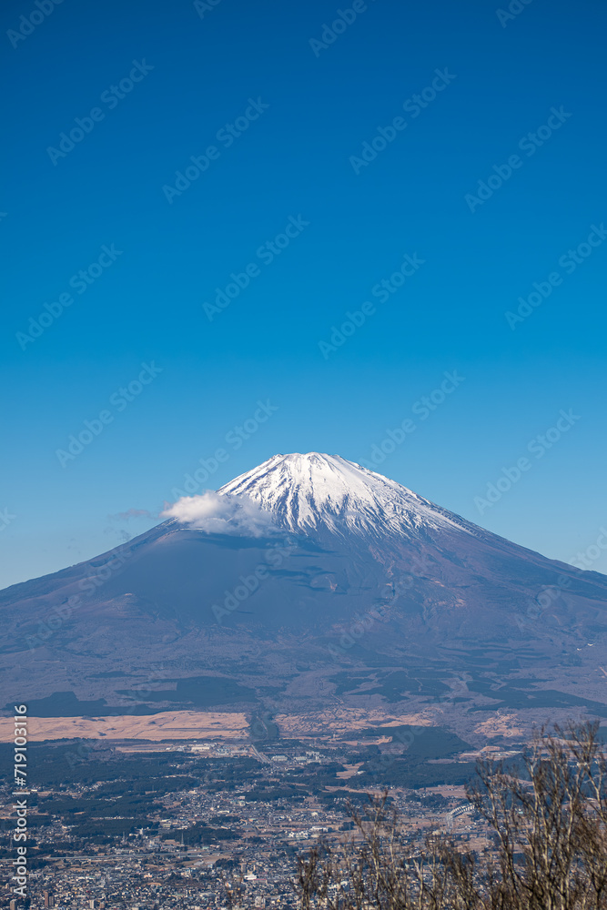 Mount Fuji in Japan. Fuji mountain with blue sky background. Landscape view from Kintoki mountain.