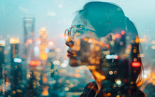  Close-up of a businesswoman in a bustling urban setting. The concept highlights the dynamics of urban professional life and the confidence of a woman navigating successfully in this environment.
