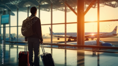 Tourist travel, Young man standing at departure hall to travel by international flight airplane alone at sunset, modern lifestyle , AI generated photo, copy space for text