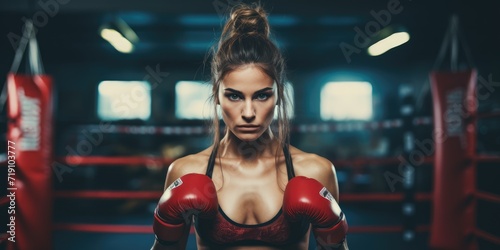 young sports woman in tracksuit and red putting hands together in boxing gloves