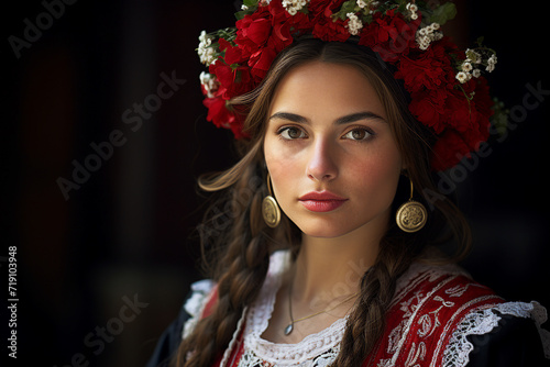 Beautiful Slavic girl in white and red embroidered national costume generative AI concept