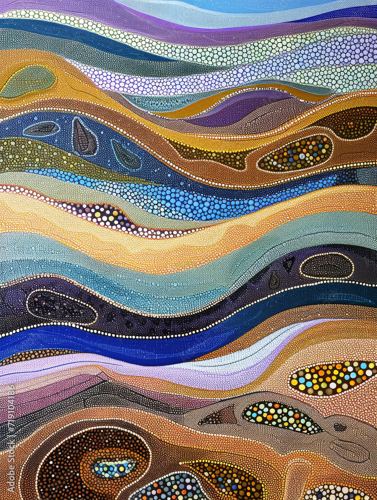 Serpentine Aboriginal Dot Landscape.
Wavy dot landscape in a serene colour palette.