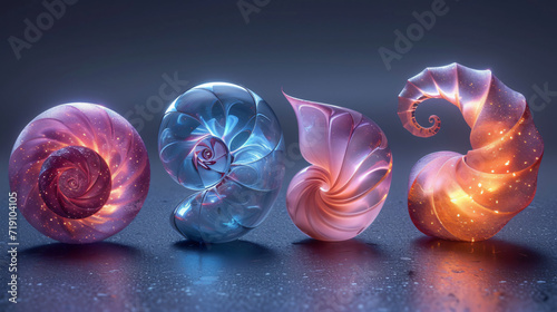 four different shapes of purple spirals, in the style of luminous 3d objects, dark azure and pink, glass as material, abstraction-création, industrial materials, infinity nets, symbolic props  photo