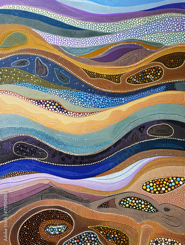 Serpentine Aboriginal Dot Landscape.
Wavy dot landscape in a serene colour palette.