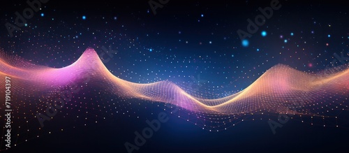 Network wave of dots and weave lines. Abstract pastel Background for design on the topic of cyberspace, big data, metaverse, data transfer on dark pastel abstract cyberspace