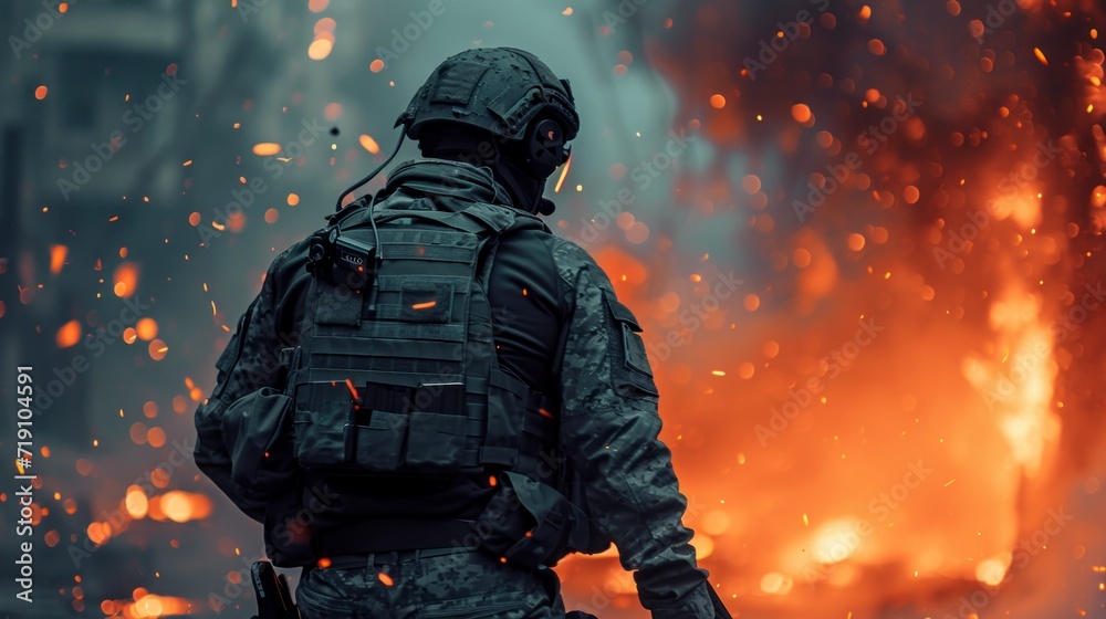 soldier with vest and helmet in the middle of world war soldier with vest and helmet in the middle of world war