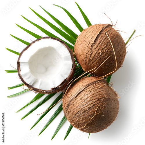 Fresh coconut whole and cut in half with palm leaf isolated on white background, top view