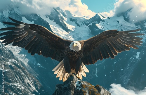 a bald eagle soaring over rocks in front of mountains