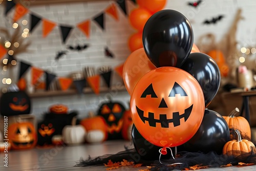 A Halloween party with festive decorations  orange and black balloons  and carved pumpkins