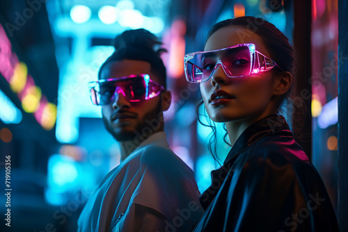 3D image of science fiction humanoid cyborg in futuristic neon illuminated city generative ai concept