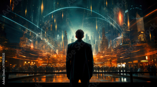 Stylish man in suit against a vibrant, futuristic city backdrop.