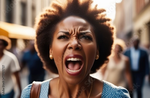 angry black girl screaming on street. female activist protesting against rights violation.