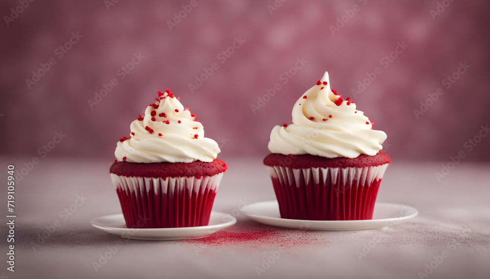 Red velvet cupcake with pink frosting and sprinkles in the ceramic plate 
