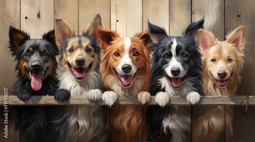 Cartoon smiling cute dogs of different breeds peek out from behind a wooden fence. Banner with animals Concept: veterinary advertising and animal breeding
 photo