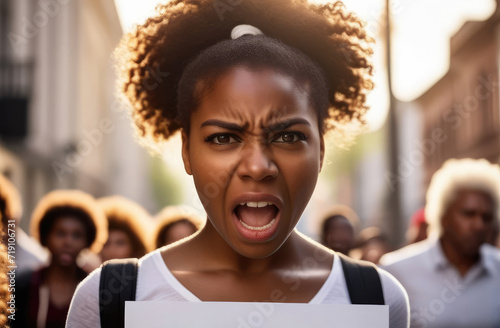 female activist protesting against rights violation. angry black girl striking with poster on street