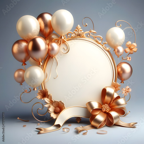 Border card with luxury balloons and ribbon. 3d realistic style.