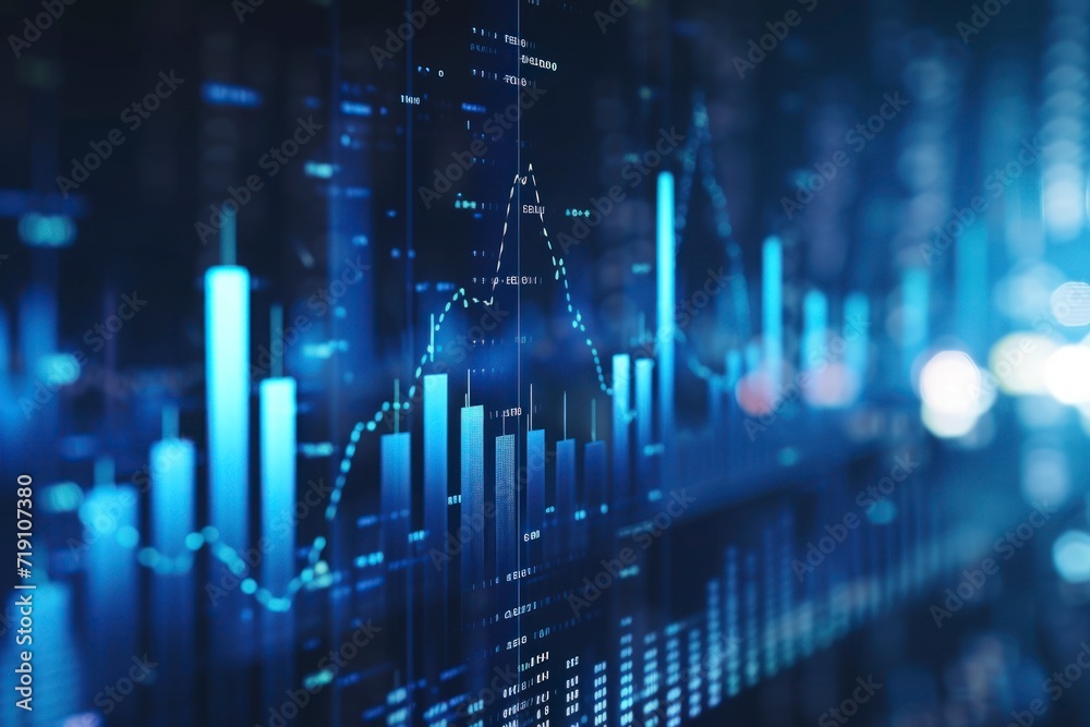 stock market growth, business investing, data concepts, digital financial chart graphs, diagrams and indicators on dark blue background stock market growth, business investing, data concepts, digital financial chart graphs, diagrams and indicators on dark blue background