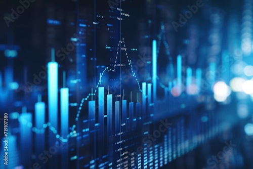 stock market growth, business investing, data concepts, digital financial chart graphs, diagrams and indicators on dark blue background