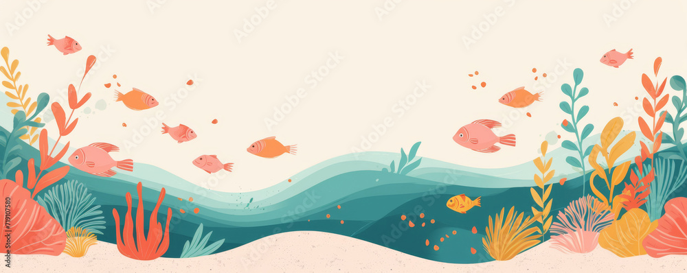 Watercolor Abstract Ocean fish underwater boho landscape background wallpaper. illustration for prints wall arts and canvas.