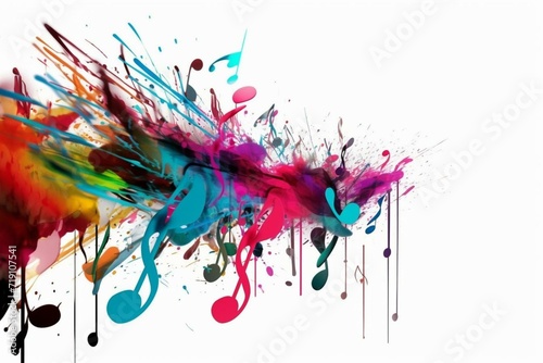 Colorful musical notes on a white background, creating a vibrant whirlwind of sound. Generative AI