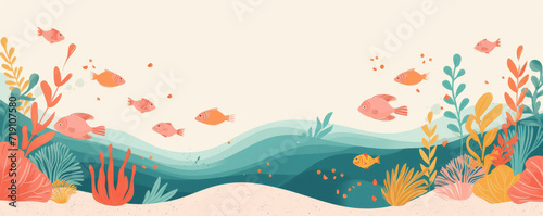 Watercolor Abstract Ocean fish underwater boho landscape background wallpaper. illustration for prints wall arts and canvas.