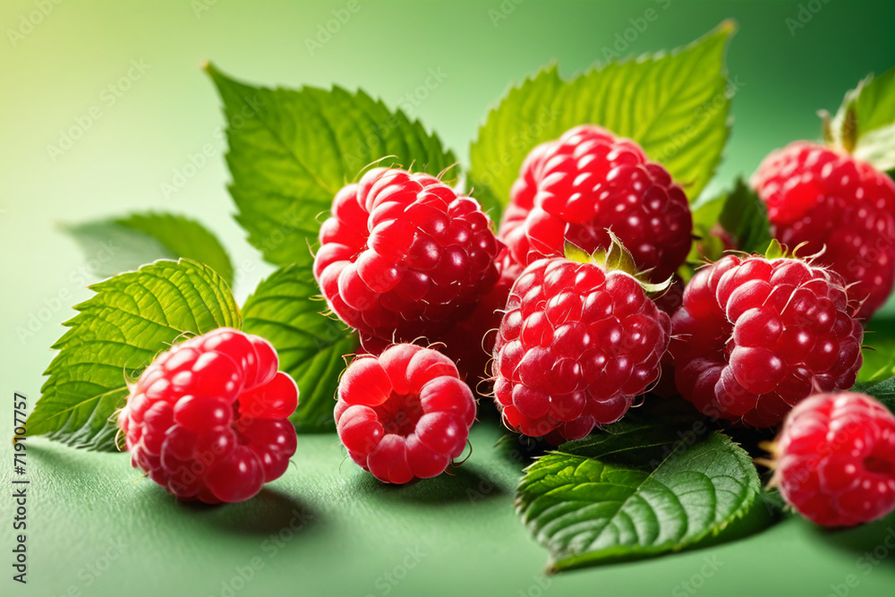 Raspberries and leaves on a green background Raspberries and leaves on a green background
