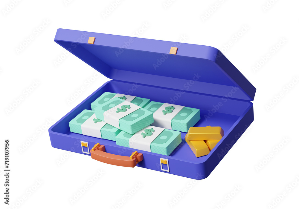 Open briefcase money dollars amd gold bar on isolated background. cash banknotes saving finance business concept. minimal cartoon style. 3d render illustration Open briefcase money dollars amd gold bar on isolated background. cash banknotes saving finance business concept. minimal cartoon style. 3d render illustration