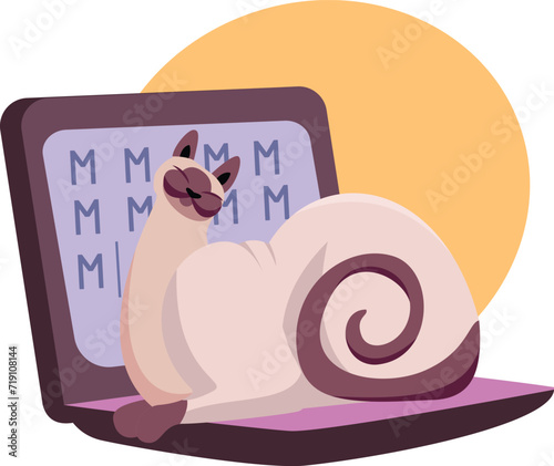 Cute cream cat with a swirl tail sitting on a laptop, warm yellow background. Cartoon feline blocking keyboard, whimsical modern work from home scene. Playful cartoon kitty prevents typing, causing