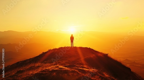 Amidst the serene beauty of a foggy landscape, a solitary figure stands atop a hill, silhouetted by the setting sun and framed by the majestic mountains and a fiery volcano in the distance