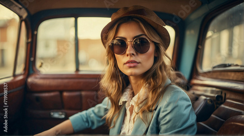 Portrait of a young woman with sunglasses, inside the car © Jacks Studio