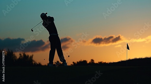 Silhouette of a professional golf playing at golf field on sunset time.