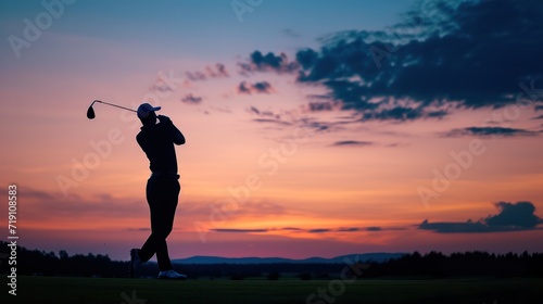 Silhouette of a professional golf playing at golf field on sunset time.