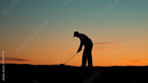 Silhouette of a professional golf playing at golf field on sunset time.