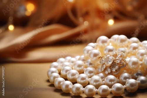 An elegant necklace, adorned with pearls arranged in a design of refined elegance, copy space