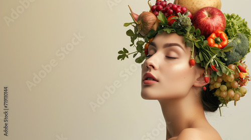 beauty portrait of a woman with headdress made out of fruits and vegetables- healthy eating concept photo