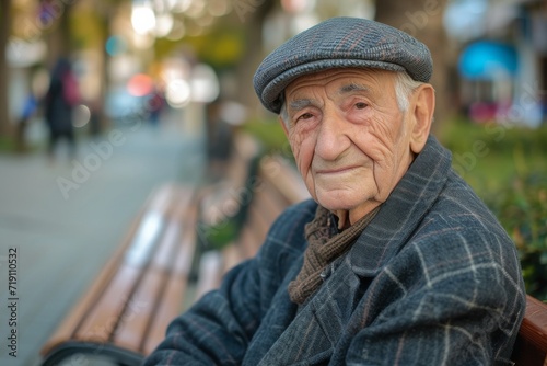 An elderly man sits contently on a wooden bench in the park, his wrinkled face adorned with a smile, wearing fashionable clothing and a stylish hat as he enjoys the outdoor scenery