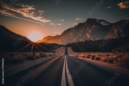 Empty road with beautiful view background. Travel vacation concept. Generative ai. © tonktiti