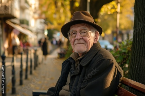 An elderly man sporting a stylish sun hat and glasses sits peacefully on a park bench in the city, his fashionable attire and serene expression capturing the essence of autumn