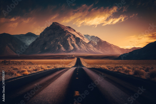 Empty road with beautiful view background. Travel vacation concept. Generative ai.