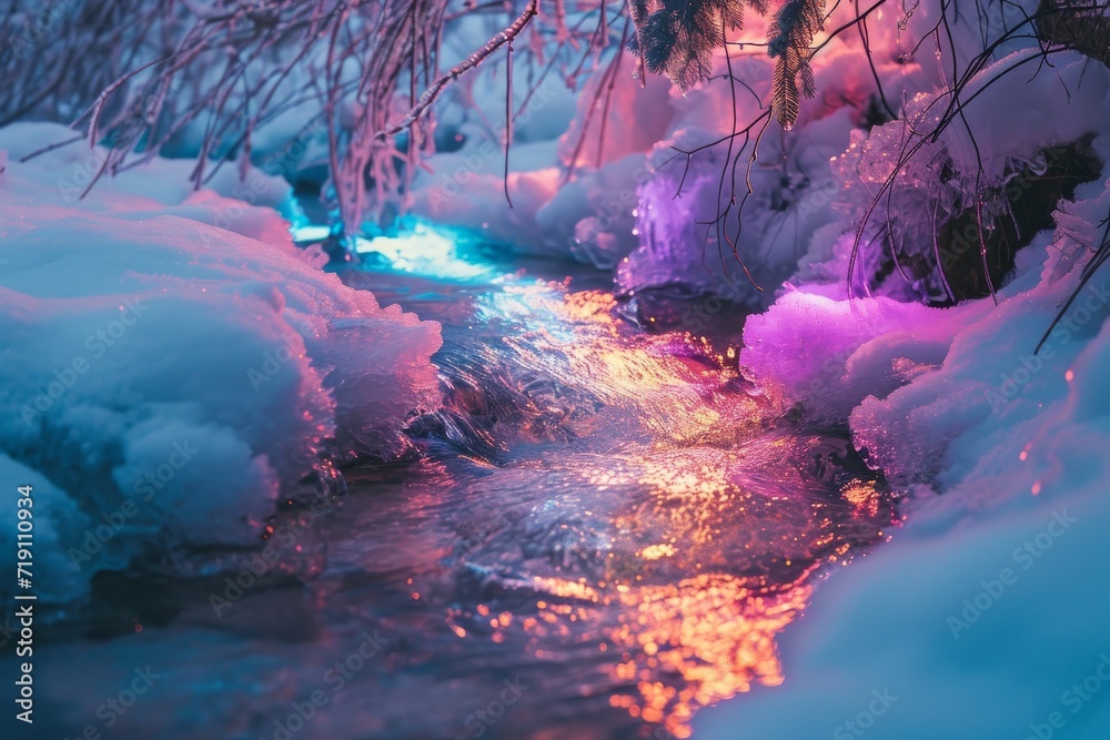 A winter wonderland comes to life as a frozen stream glistens under colorful lights, showcasing the beauty of nature's frozen masterpiece