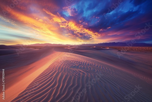 Amidst the tranquil beauty of a vast desert  a lone sand dune basks in the warm afterglow of a breathtaking sunset  as the horizon fades into a canvas of rich oranges and pinks