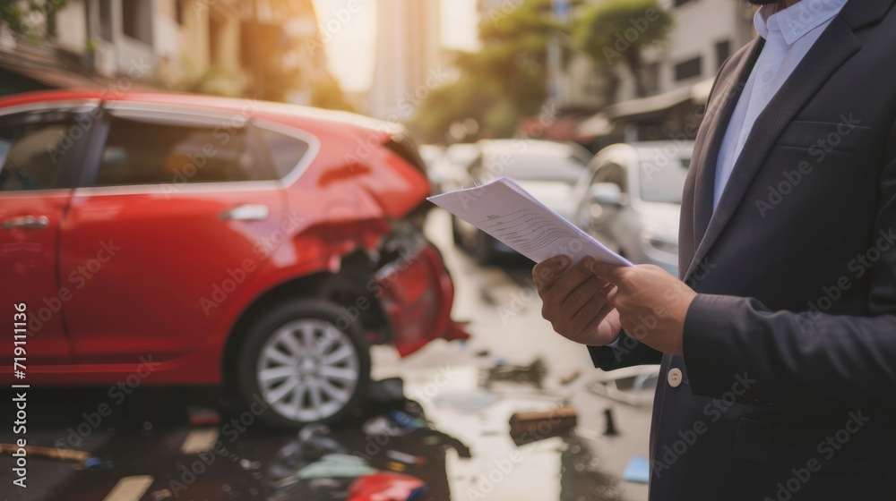 Insurance agent examining damaged car parked on street after accident Insurance agent examining damaged car parked on street after accident