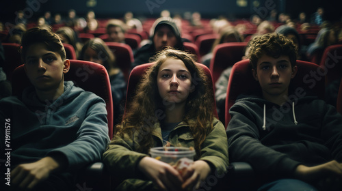 A group of teenagers sitting in a cinema waiting for the film show to start, against a blurred background of other spectators. Free time of modern teenagers, romance of cinemas